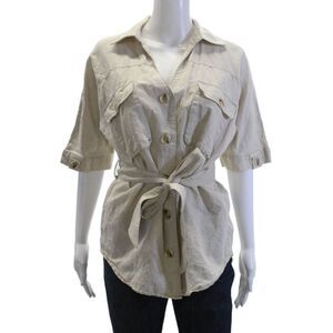 Suboo Womens Linen Button Down Short Sleeves Shirt Beige Size Extra Small
